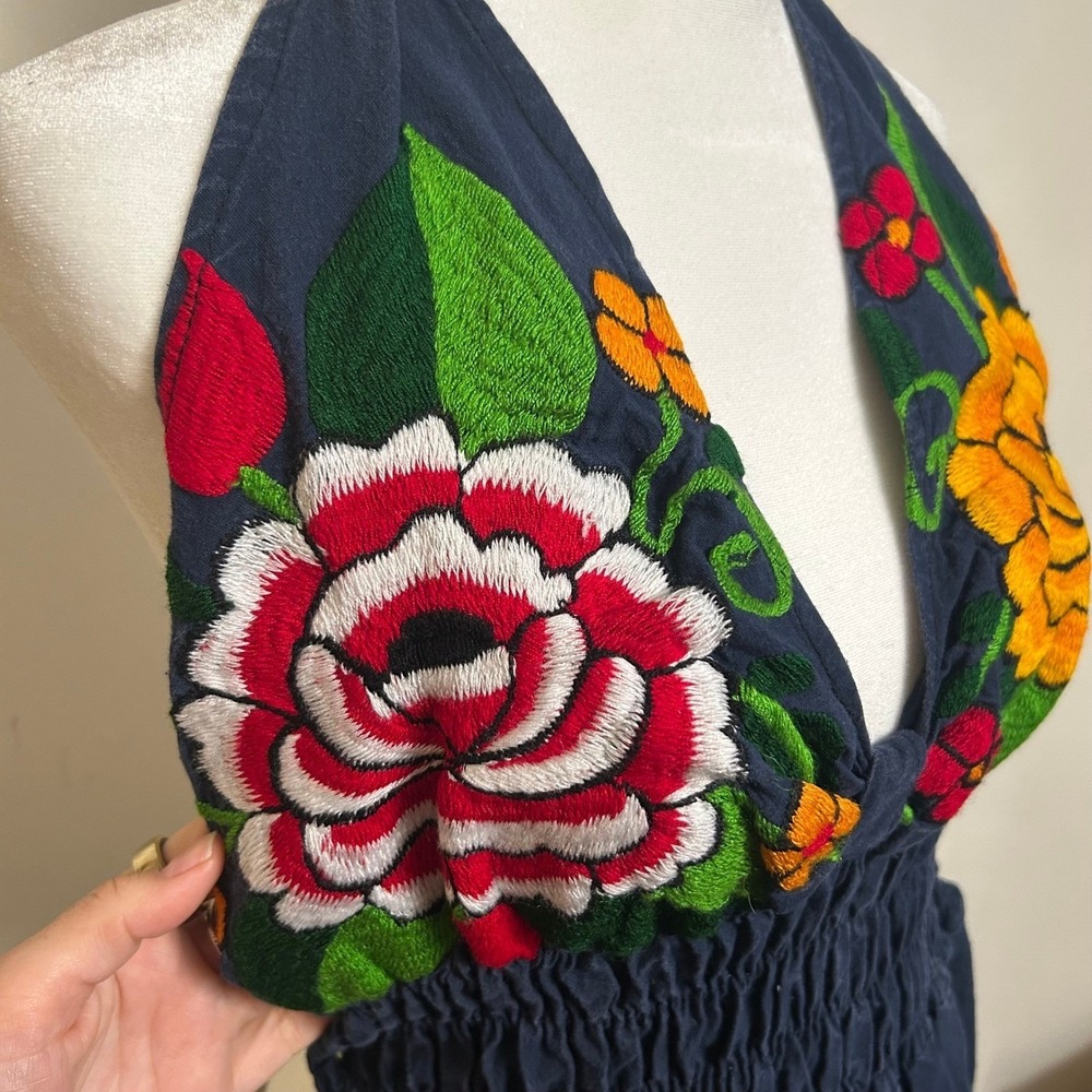 Mexican-Inspired Floral Embroidered Halter Jumpsuit‎ Womens Navy Smocked Boho